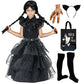 Spookyfit Halloween Dress - Complete Costume Set For Girls | Halloween | Black Dress, Wig, Gloves, Thing, Adjustable Bag, Belt &