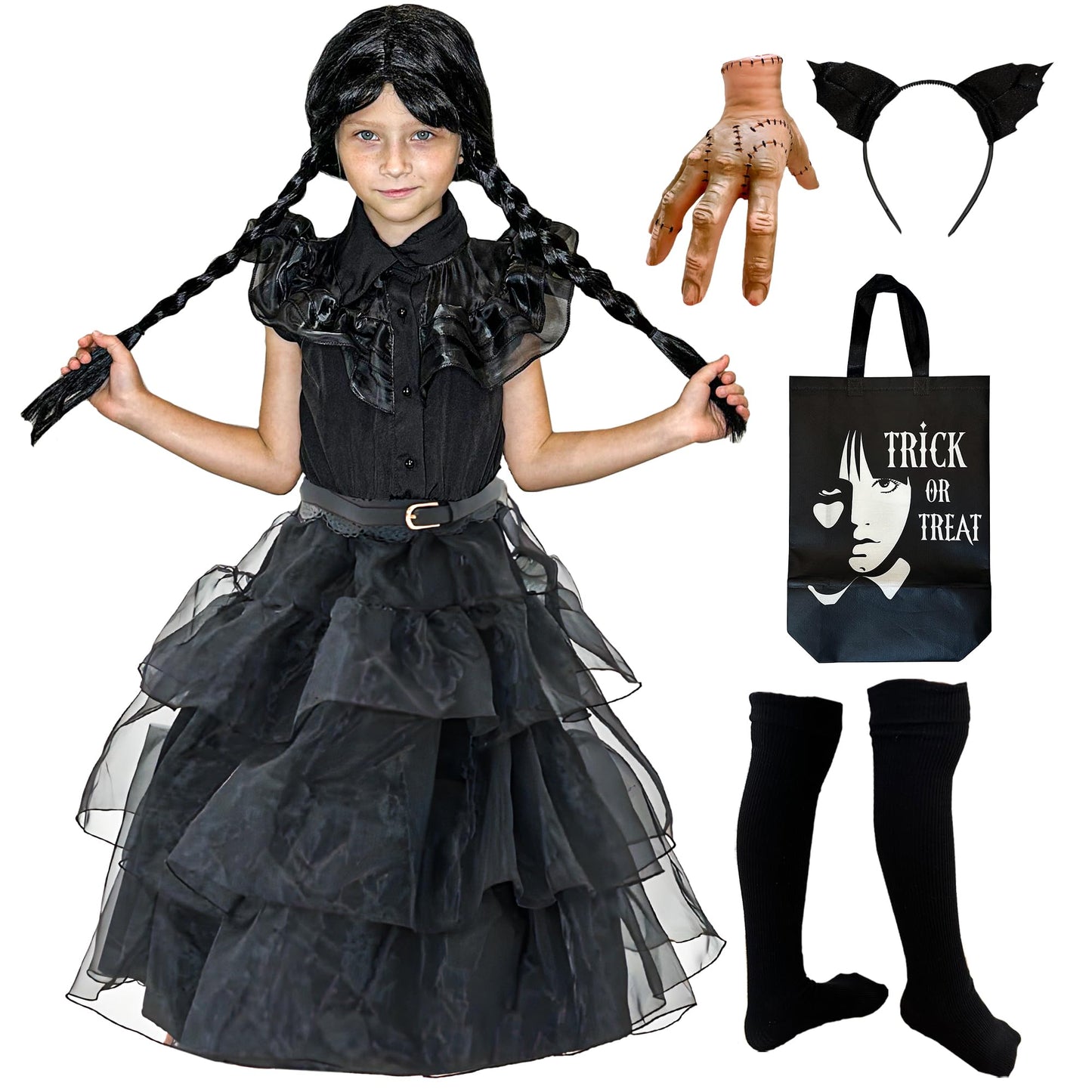 Spookyfit Halloween Dress - Complete Costume Set For Girls | Halloween | Black Dress, Wig, Gloves, Thing, Adjustable Bag, Belt &