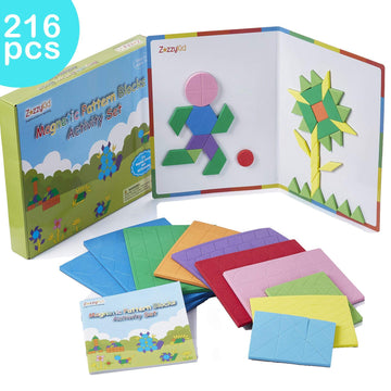 Zazzykid Kids Magnetic Pattern Blocks Set: 216 Pcs Geometric Shape Puzzles Tangram - Stem