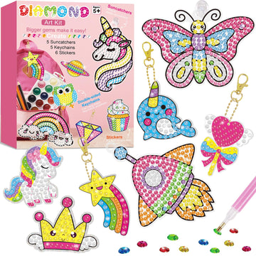 BANBBUR 16 Pcs Gem Art for Kids Age 4-8 8-12,Kids Crafts 5D Gem Diamond Art Kit with 5 Suncatchers/5 Keychains/6 Magical Sticker