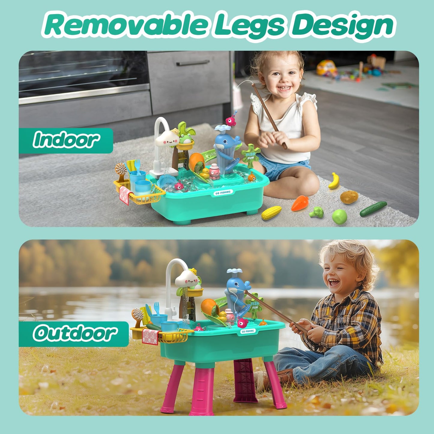 Color Changing Kitchen Play Sink Toys with Running Water for Kid,Electric Water Table with Animals, Food, Tableware Accessories,