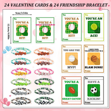 MOVINPE Valentines Day Exchange Gifts for Kids Classroom, 24 Pack Sports Charm Friendship Bracelets with Valentines Day Cards, C