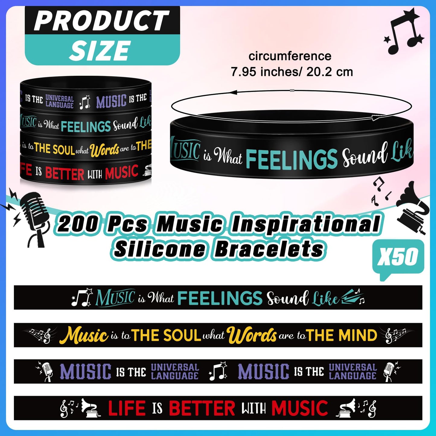 Landical 200 Pcs Music Silicone Bracelets Bulk Rubber Wristband with Inspirational Quote and Piano Notes Music Gifts Musical Eve