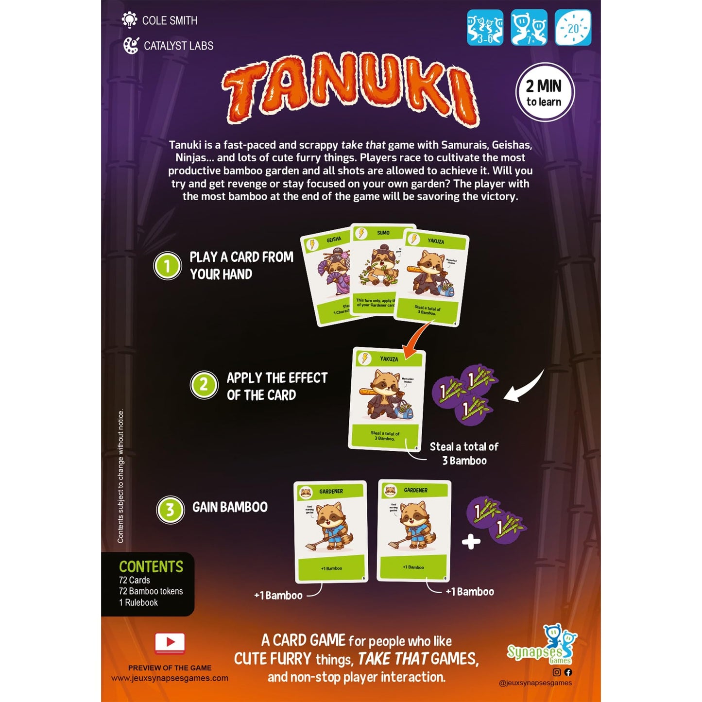 Synapses Games | Tanuki | Take-That Card Game | Non-Stop Player Interaction | 3 To 8 Players | 20 Minutes | Ages 7+