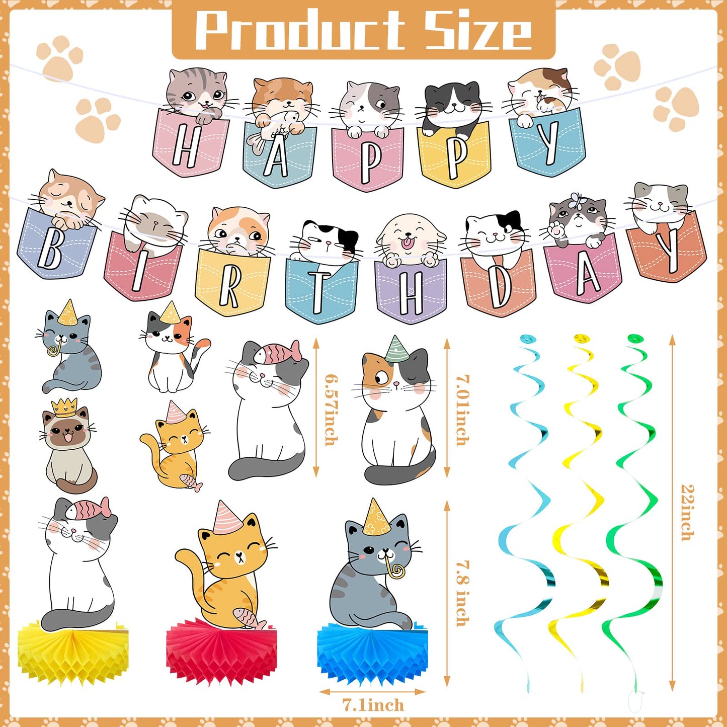 Chinco 16 Pcs Cat Theme Birthday Party Decorations Party Supplies Kit, Includes Cat Party Banner With 6 Hanging Cutouts 6 Hanging Swirl Decor And 3 Birthday Honeycomb Party Decoration(Cartoon Style)
