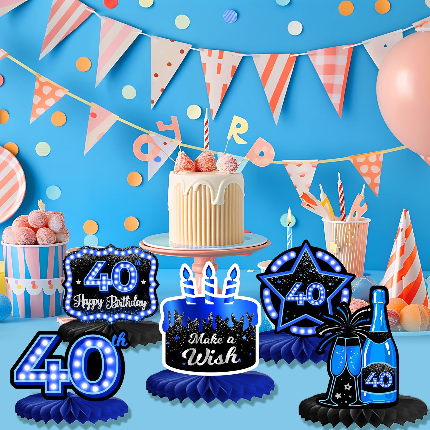 Happy 40th Birthday Honeycomb Centerpieces 9Pcs Stylish Sophisticated Blue Neon Theme Table Decor for Boys Girls Birthday Party