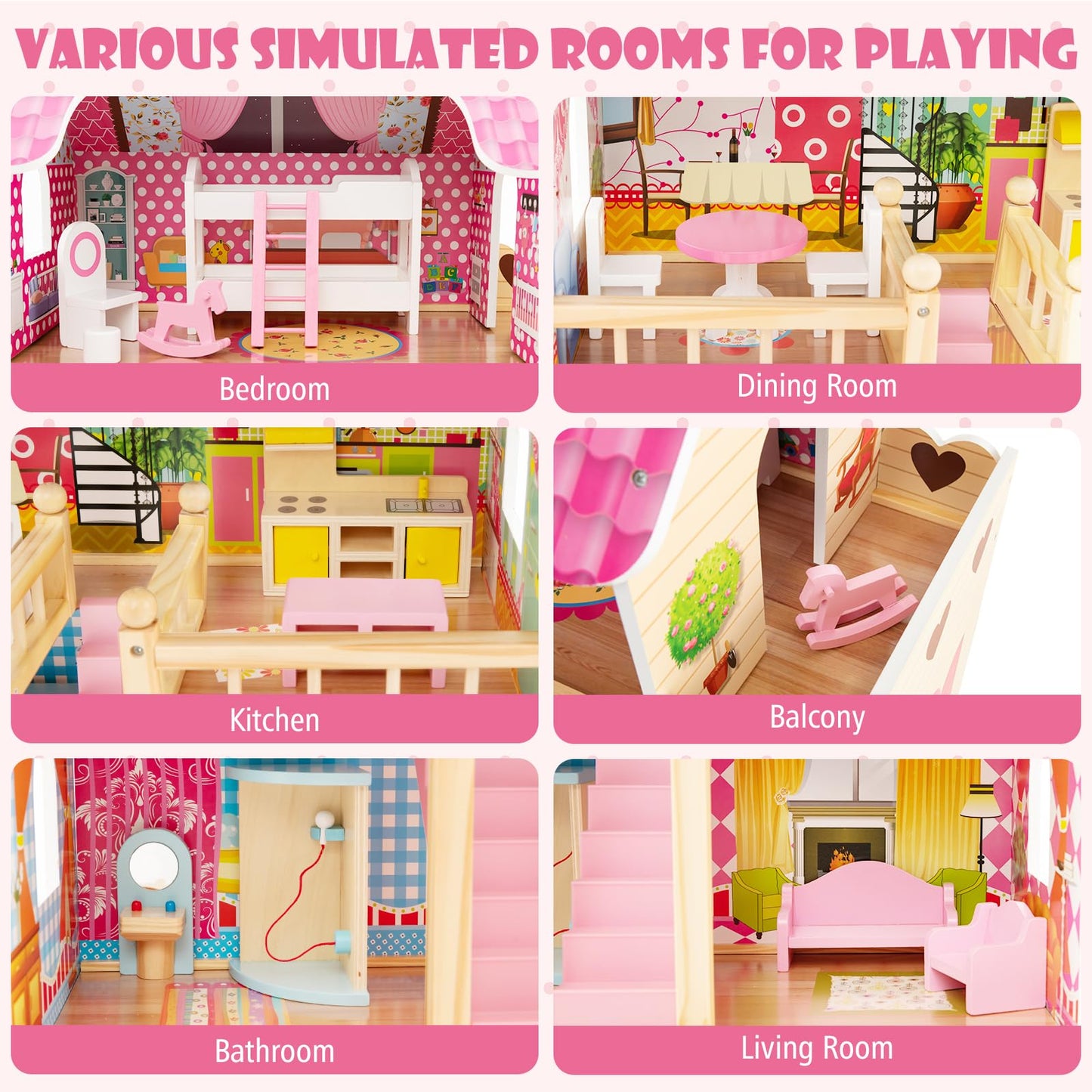 HONEY JOY Pink Doll House, Wooden Kids Dollhouse with Balcony & Stairs, 15 Pieces Accessories & Furniture Included, Large 3-Stor