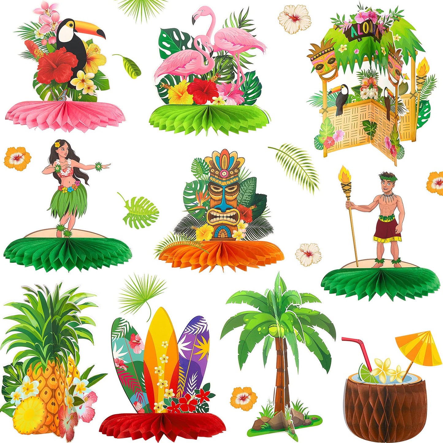 10 Pieces Hawaiian Luau Honeycomb Table Centerpiece Tiki Honeycomb Centerpieces Tropical Table Centerpiece 3D Flamingo Table Dec