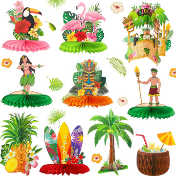 10 Pieces Hawaiian Luau Honeycomb Table Centerpiece Tiki Honeycomb Centerpieces Tropical Table Centerpiece 3D Flamingo Table Dec