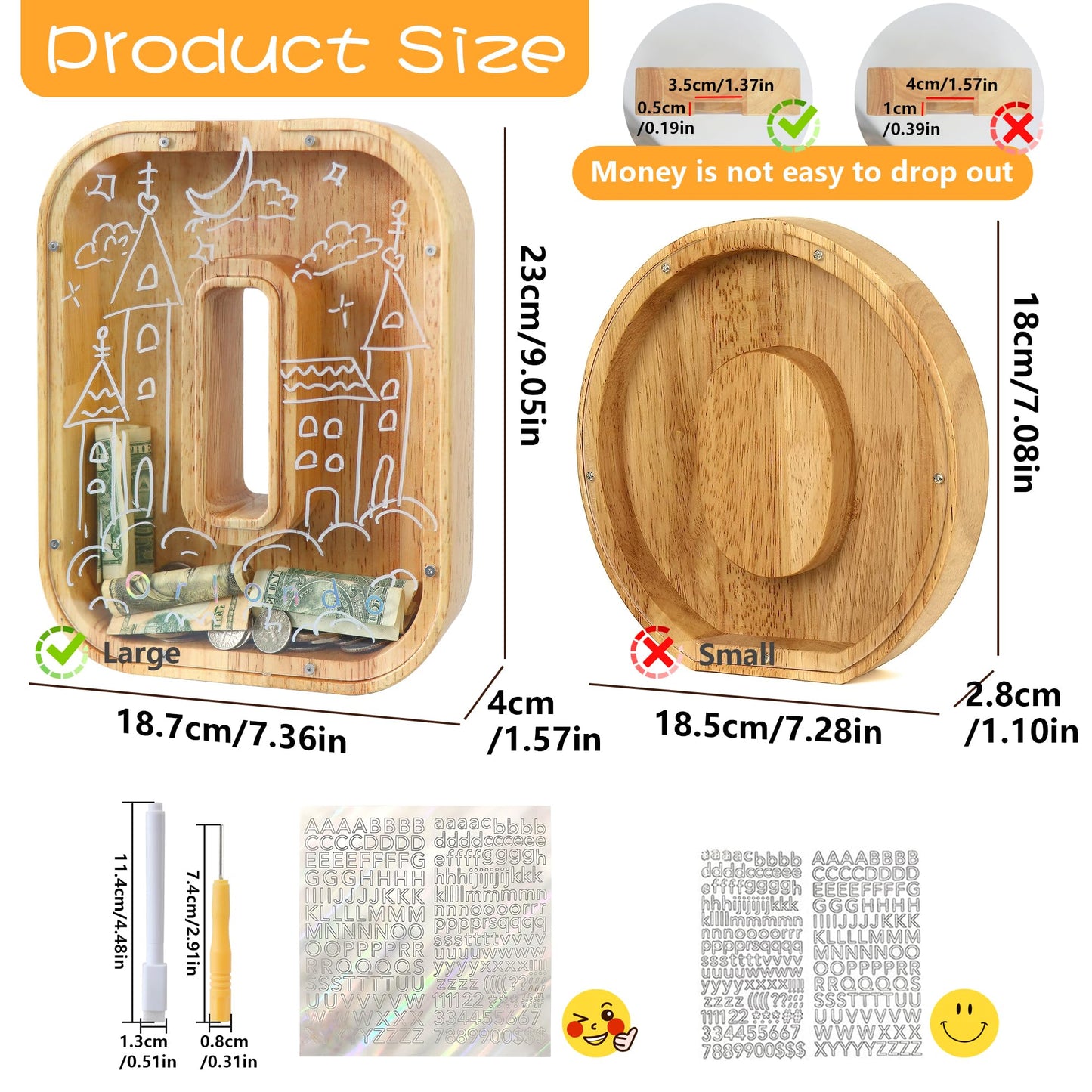 weallbuy Large Letter Piggy Bank for Kids Boys Girls Wooden Personalized Piggy Banks A-Z with Target Area Clear Alphabet Banknote Coin Banks for Gift Decoration Baptism (O)