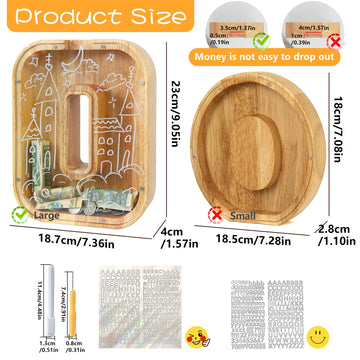 weallbuy Large Letter Piggy Bank for Kids Boys Girls Wooden Personalized Piggy Banks A-Z with Target Area Clear Alphabet Banknote Coin Banks for Gift Decoration Baptism (O)