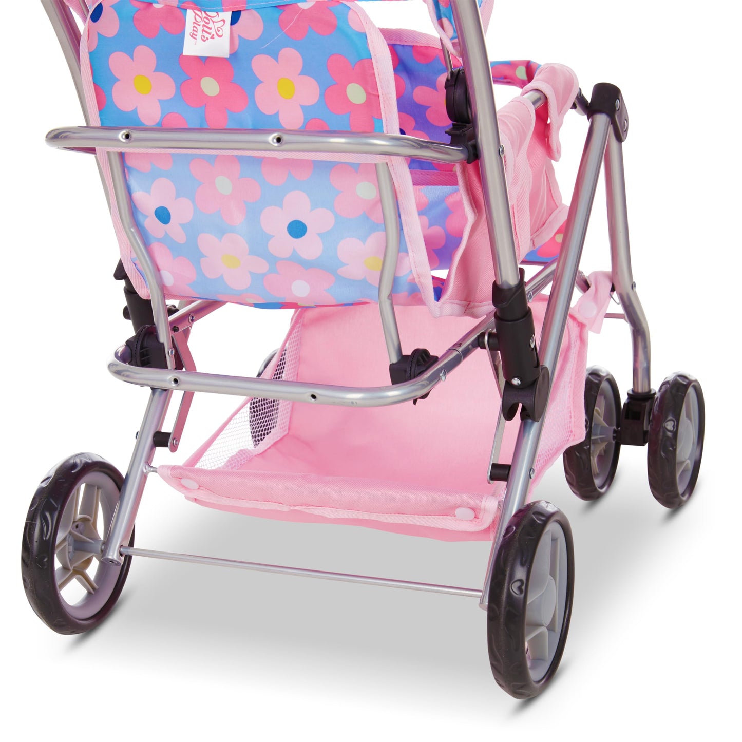 Baby Doll Double Stroller, Twin Buggy Carriage Pretend Play for Girls Kids Toddlers 27 Inches High Rotating Wheels Storage Baske