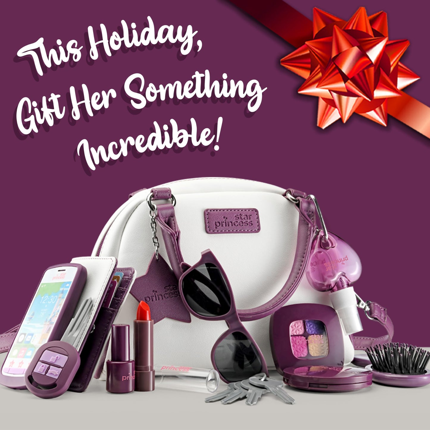 Star Princess Little Girls Purse Set - Purple Handbag with Accessories & Pretend Makeup for Toddlers, Model CB-1007