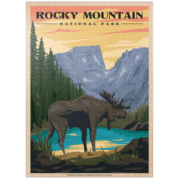 Mypuzzle Rocky Mountain National Park - Moose In The Rocky Sunrise, Vintage Travel Poster - Premium 1000 Piece Jigsaw Puzzle For