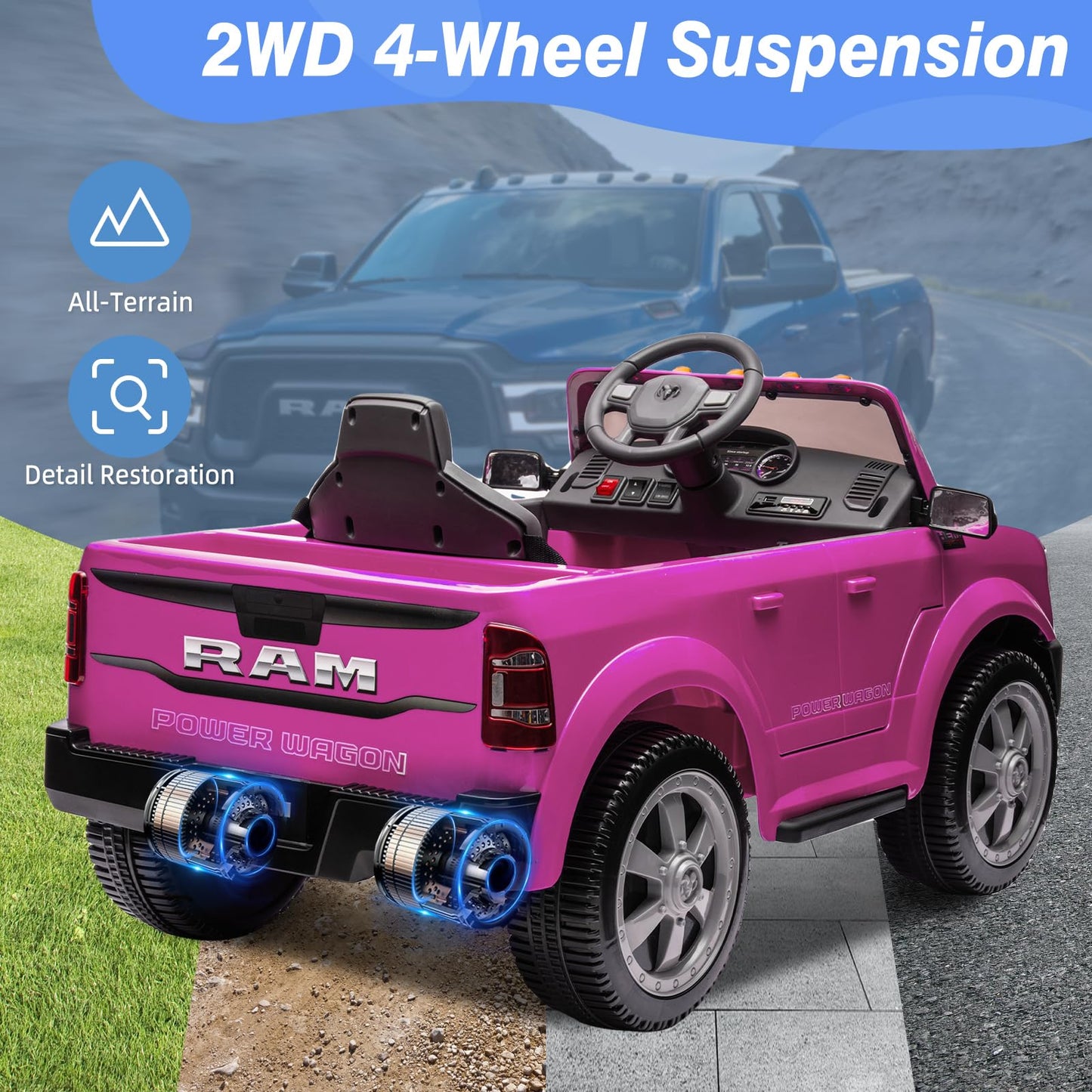 12V Ride On Toys For Kids 4-8, Licensed Ram 2500, Electric Car For Kids, With Remote Control, Led Light/Music/Mp3, Back Storage