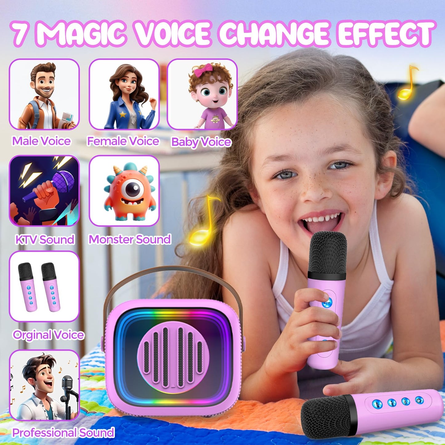 Karaoke Machine For Kids Adults, Portable Mini Karaoke Speaker With 2 Wireless Microphones, Stereo Sound And Colorful Lights, To
