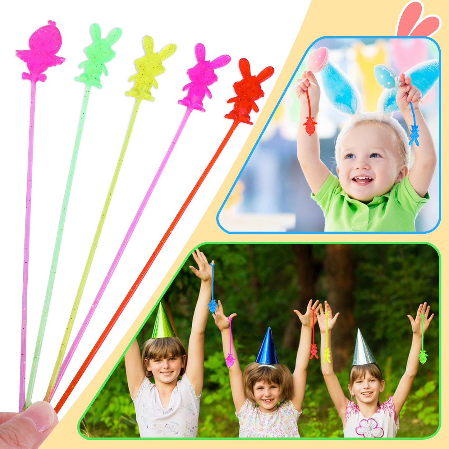 codree 50 Pcs Glitter Easter Sticky Hands Toys, Bunny Chick Stretchy Sticky Hands, Easter Themed Sensory Toy for Kids
