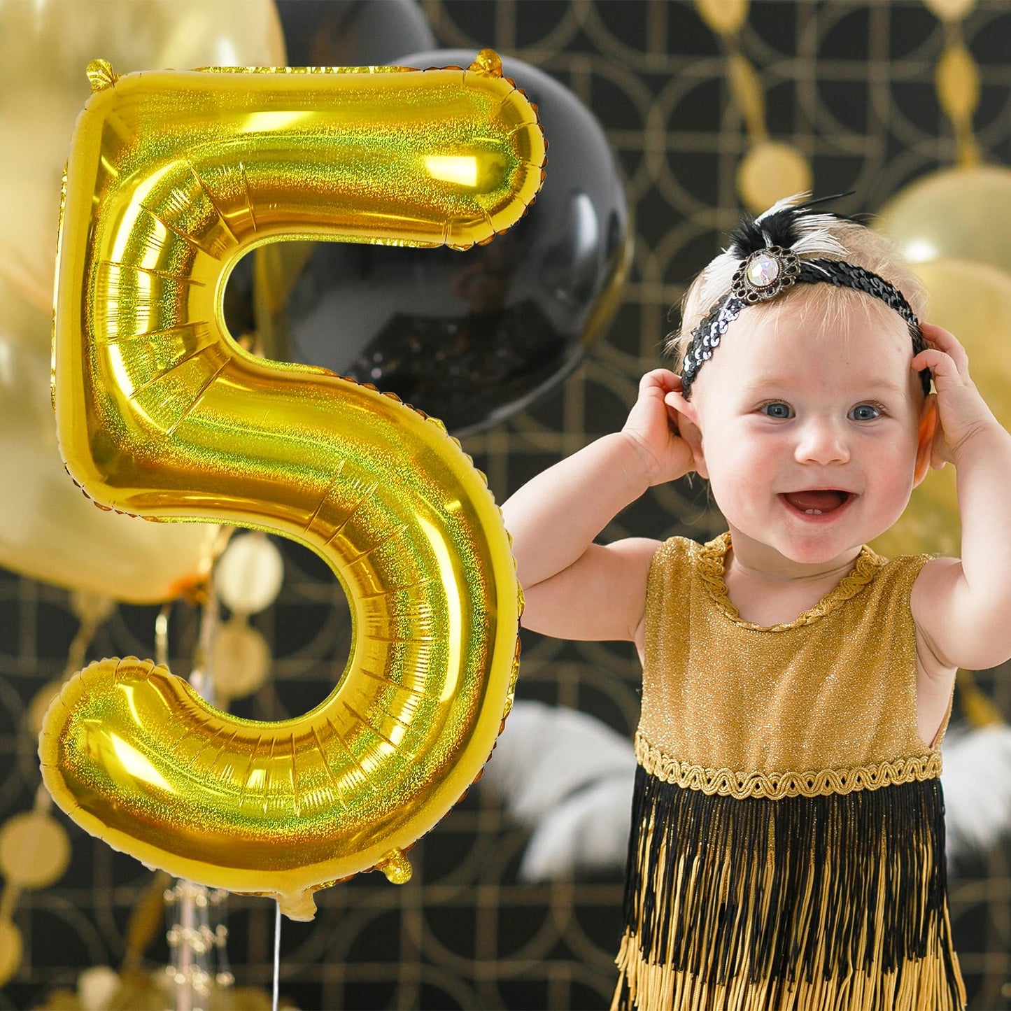 5 Balloons Number Laser Gold, 40 Inch Mylar Number 5 Balloons Self Inflating For Boys, Giant Foil Helium Iridescent Globos Dorad