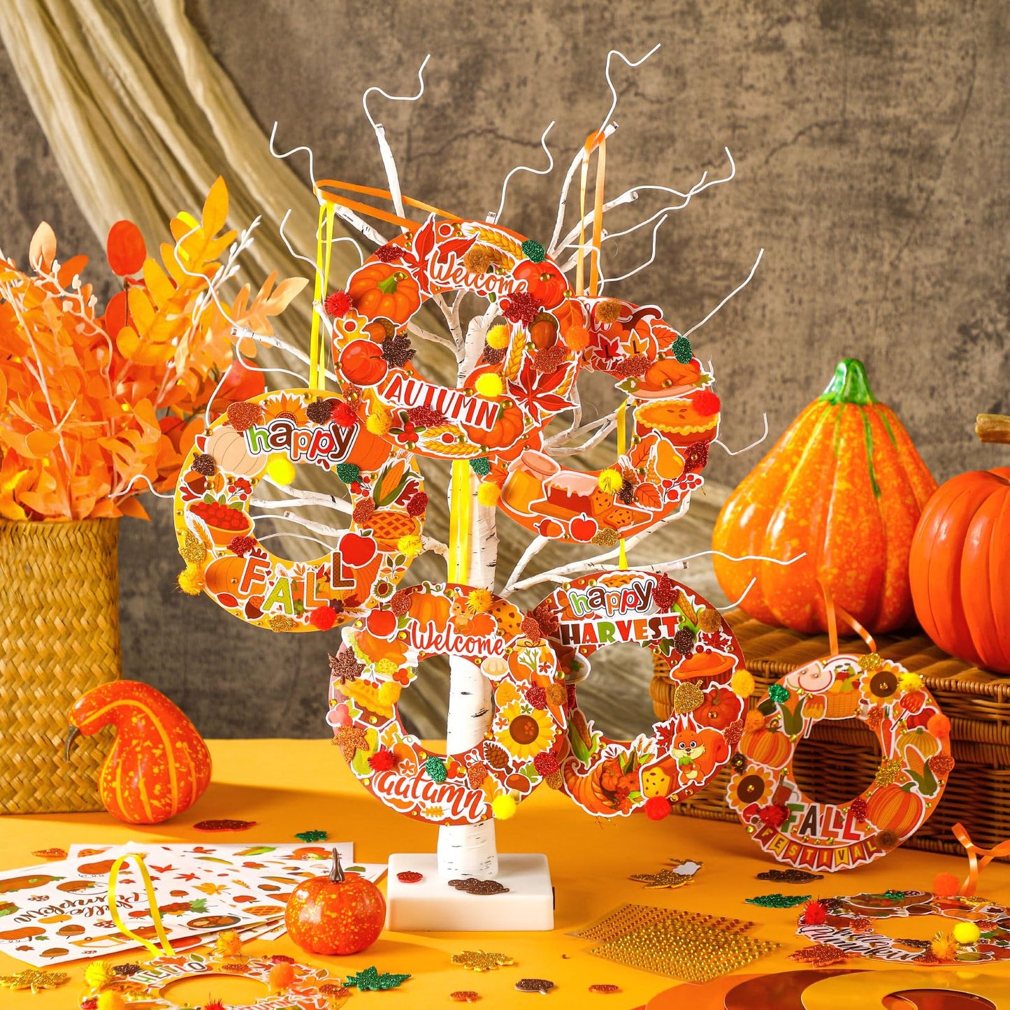 Hollowfly 48 Sets Autumn Wreath Craft Kits for Kids DIY Pumpkin Wreath Hanging Ornaments Make Your Own Paper Fall Craft with Sti