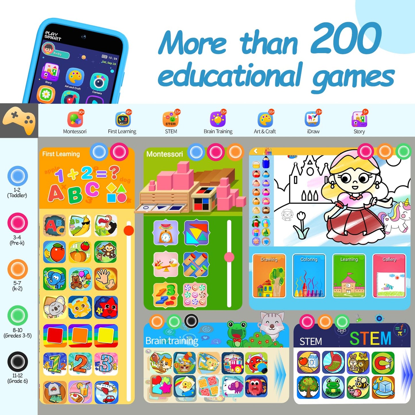 MOMILLA Kids Smart Phone - Dual Camera, 3.97" Touchscreen, 200+ Games, Silicone, Blue, PlaySmart, Ages 3-8, Learning Toy