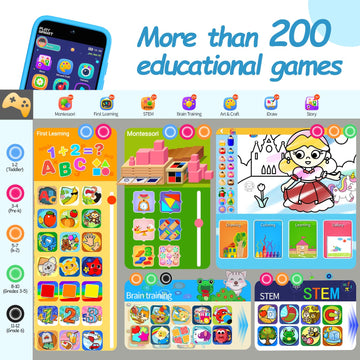 MOMILLA Kids Smart Phone - Dual Camera, 3.97" Touchscreen, 200+ Games, Silicone, Blue, PlaySmart, Ages 3-8, Learning Toy