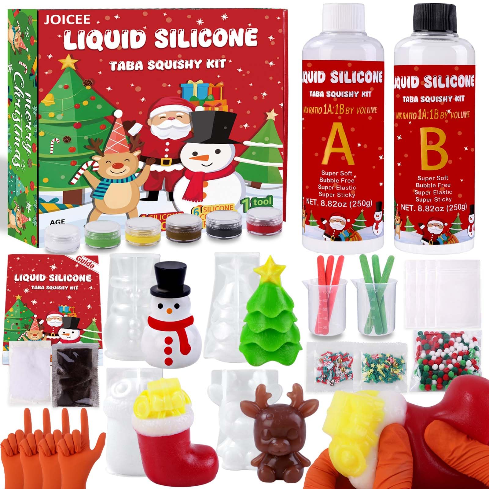JOICEE Christmas Taba Squishy Kit  DIY Xmas Squishy Making Kit 18OZ AB Liquid Silicone with Xmas Tree Stocking Snowman Reindeer Molds for Make Your Own Christmas Soft Squishies Party Favors Gifts