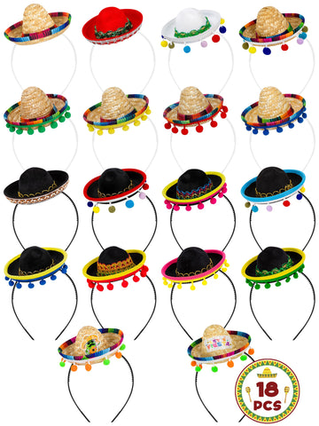 Melisheer 18 Pieces Sombrero Hats, Universal Cinco De Mayo Themed Costume Headwear, Fiesta Headbands with Ball Fringe and Fabric