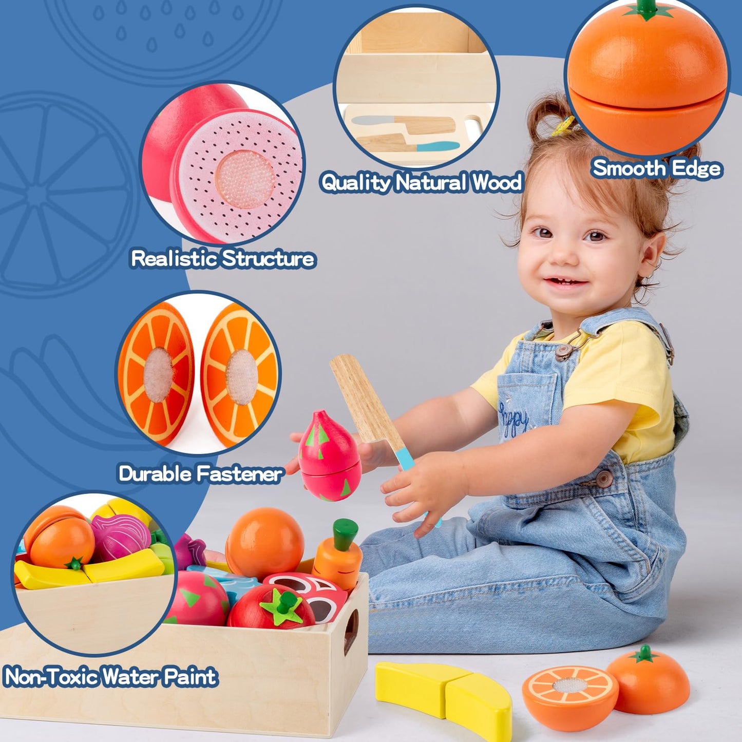 32 Pcs Wooden Play Food Sets for Kids Kitchen Accessories, Montessori Educational Toys Food, Pretend Play Food for Toddlers, Vel