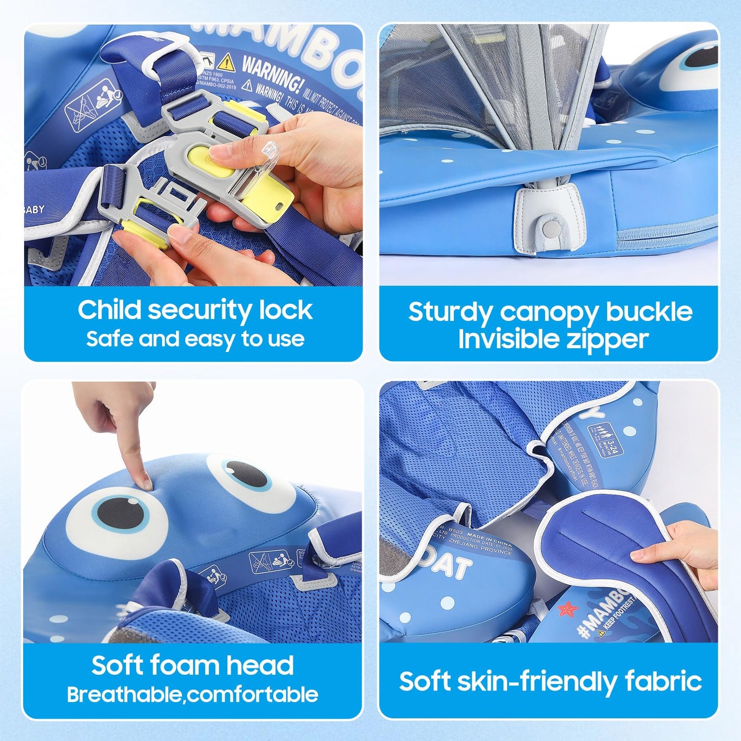 Mambobaby Float with Canopy & Portable Backpack Skin-friendly Baby Swim Float with Tail Waterproof Non-Inflatable Mambo Float Sm