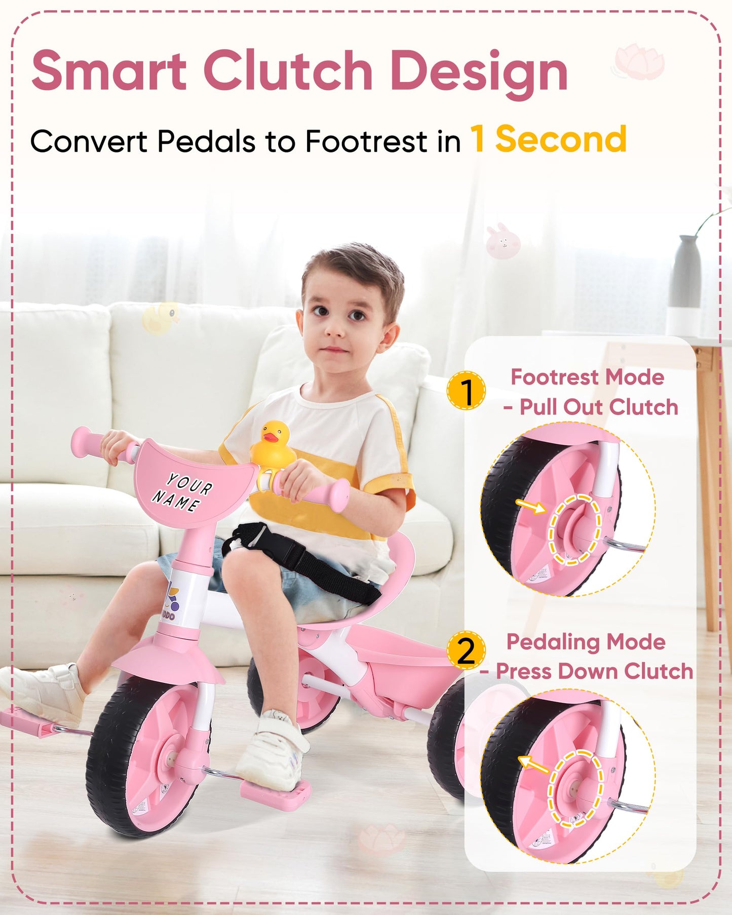 KRIDDO Kids Tricycle 2 in 1 with Push Handle, EVA Wheels, Pink, for Toddlers 18 Months to 3 Years, Small, Carbon Steel