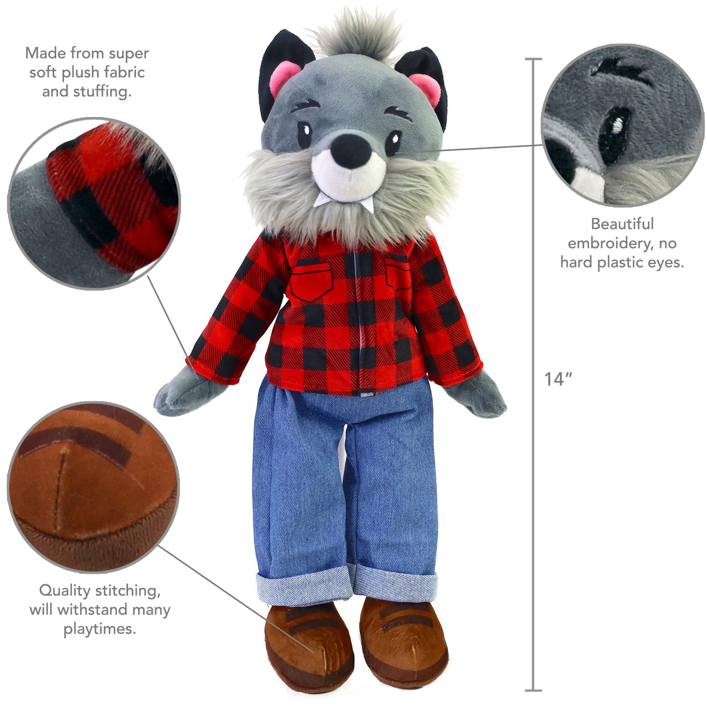 Playtime by Eimmie Soft Baby Doll Walter The Wolf - 14 Plush Rag Doll with Embroidered Features for Girls, Boys, Toddlers & Infa