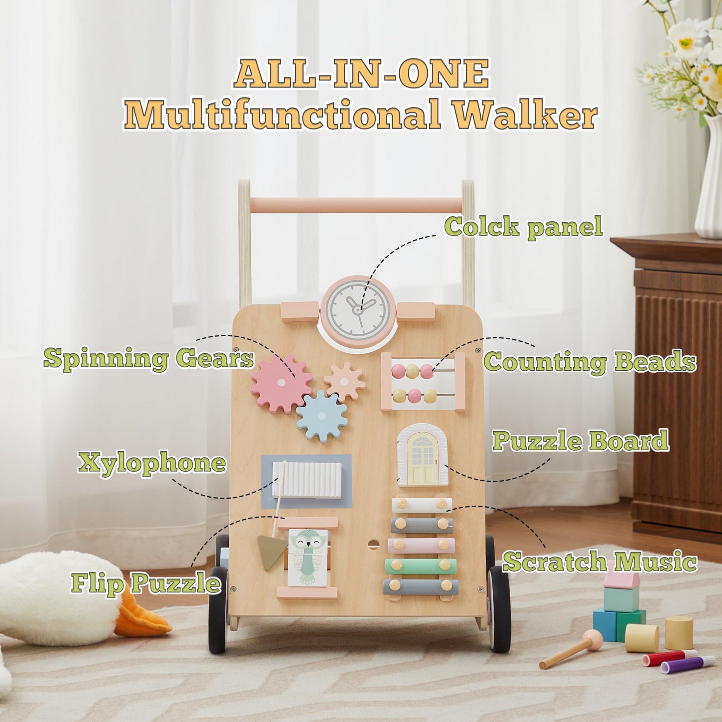 Wooden Baby Walker, Baby Push Walker Adjustable Height And Speed Multiple Learning Activity Walker Baby Walker With Wheels For G