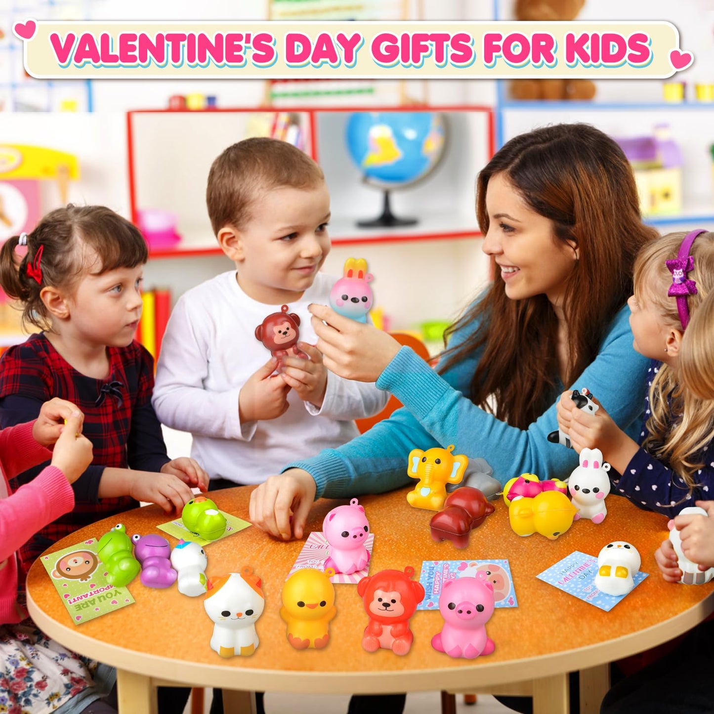 digi Valentines Day Gifts for Kids, 28 PCS Animal Squishy Toys Keychains with Valentines Day Cards, Valentines Day Classroom Exc