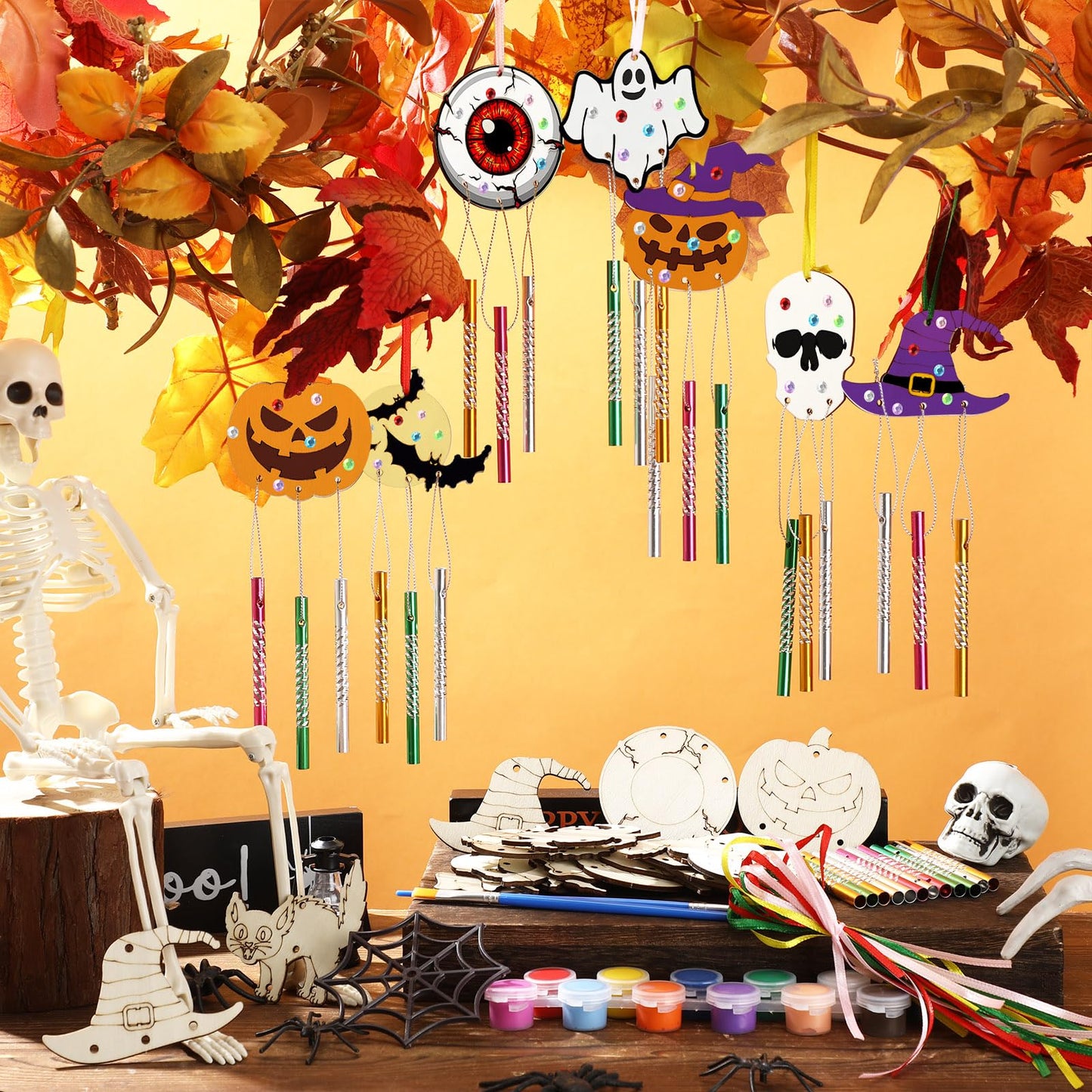 JellyArch 30 Pack Halloween Wind Chime Making Kit for Kids Make Your Own Wind Chime Ghost Spider Wooden Crafts Ornaments for Gir
