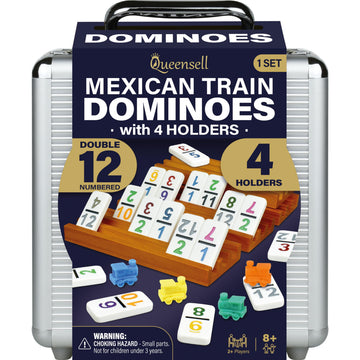 Queensell Mexican Train Dominoes Set With Numbers And 4 Holders - Wooden Hub And Tiles Holders - Double 12 With Numbers (D12 Num