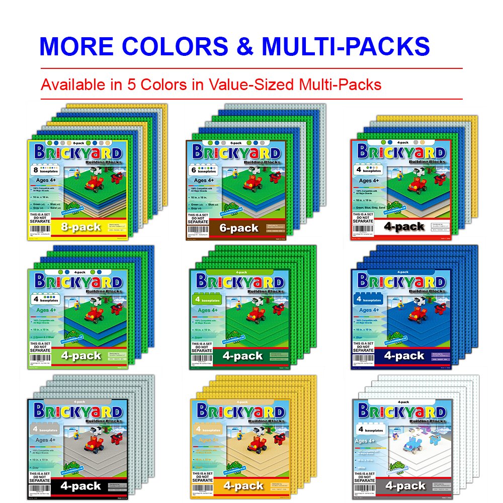 Brickyard Building Blocks Lego Compatible Baseplate - Pack Of 4 Large 10 X 10 Inch Base Plates For Toy Bricks, Stem Activities &
