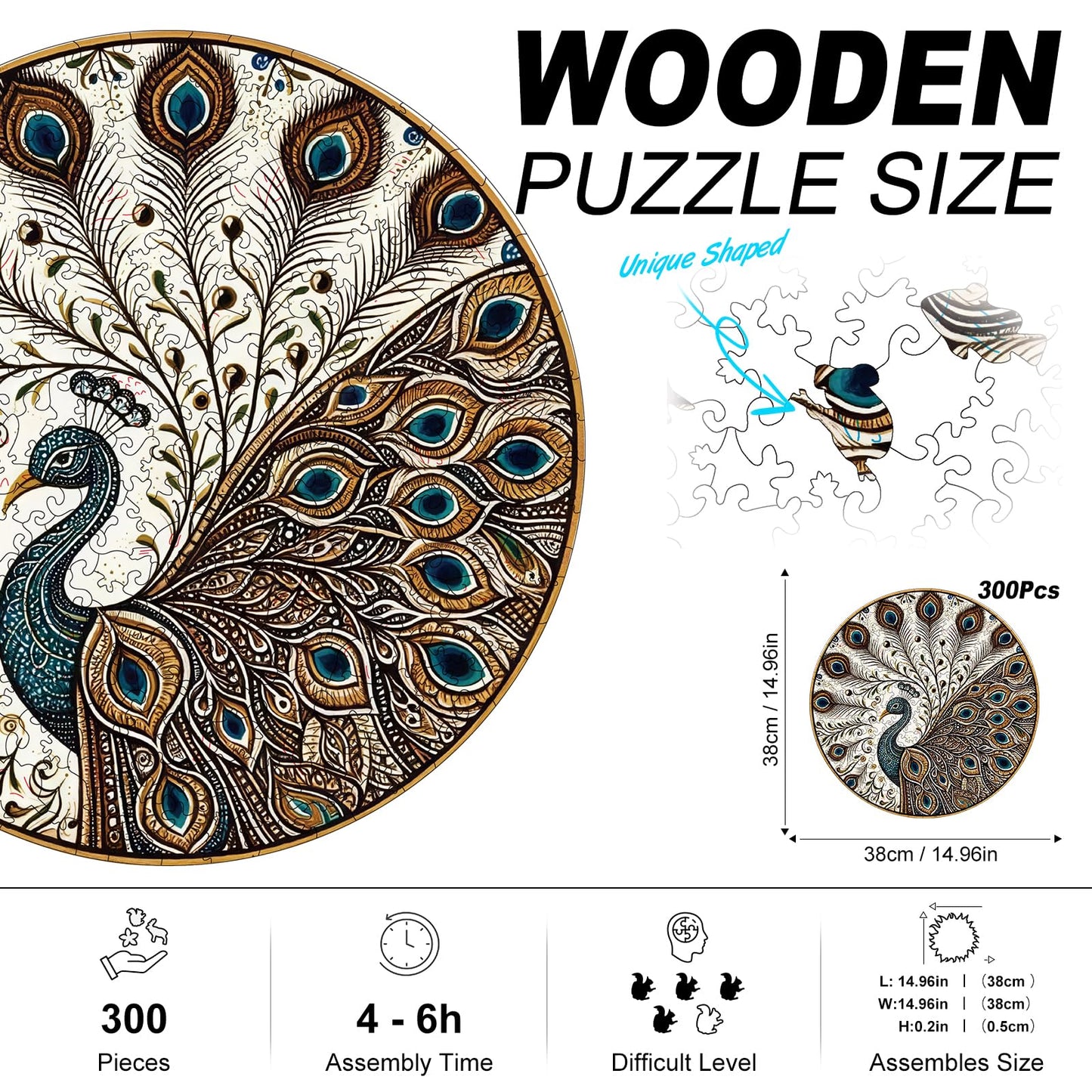 Peacock Wooden Puzzles for mature-themeds  300pcs Wooden Jigsaw Puzzles for mature-themeds  Peacock Unique Shaped Jigsaw Puzzles Creative Gift for Friend Family Game Large Size 15'' x 15''