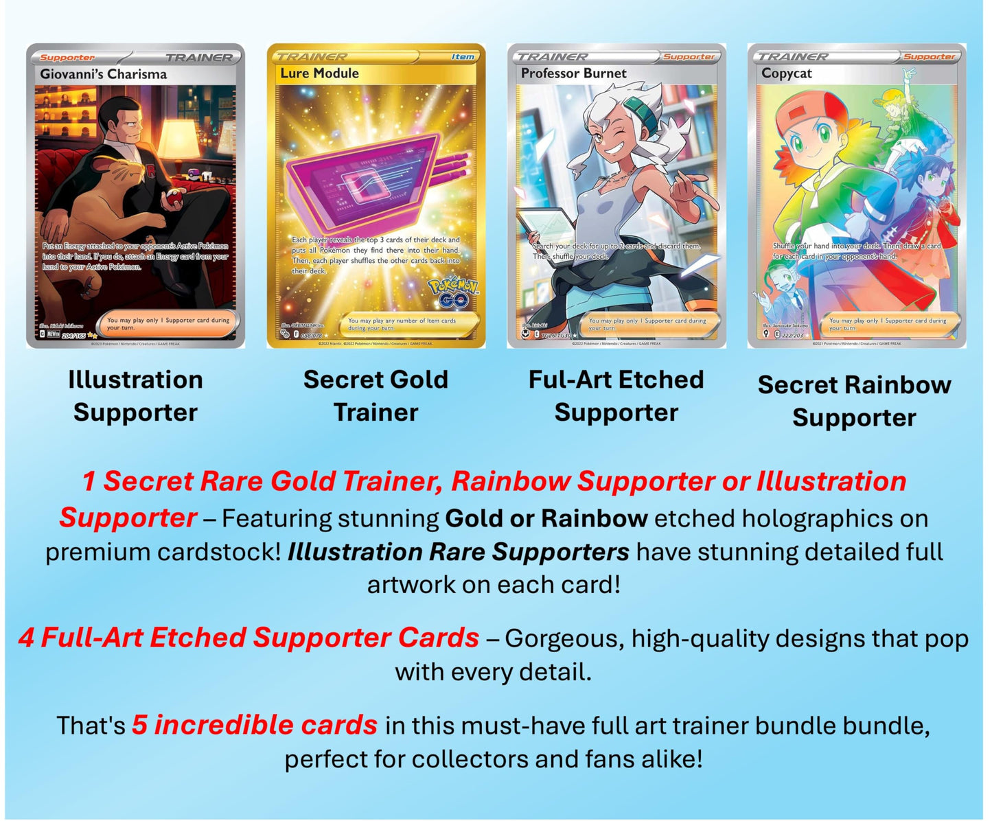 Pokemon 5 Full Art Trainer Card Lot - X1 Secret Rare  X4 Full Art Etched Cards - No Duplicates
