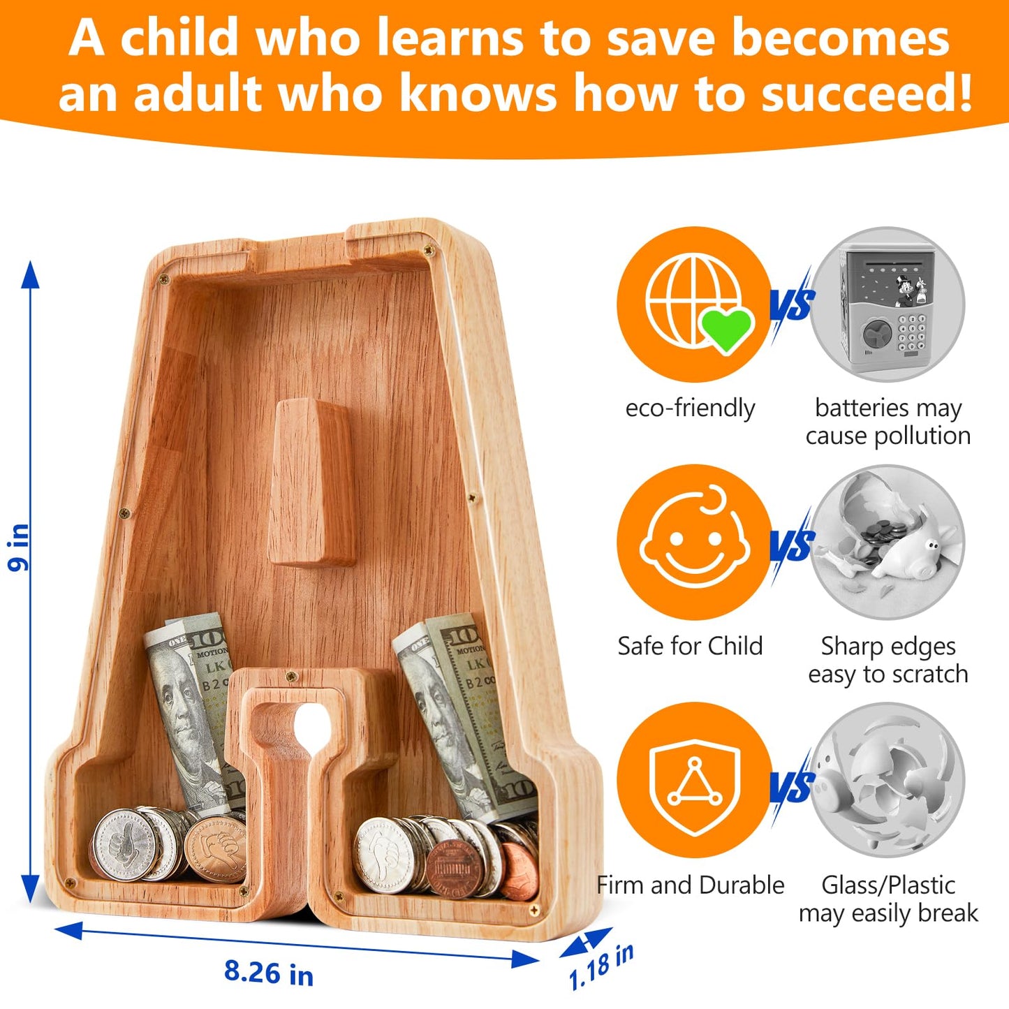 Wooden Letter Piggy Bank for Kids  Initial Coin Bank for Boys and Girls  First Name Personalized Savings Bank for Birthday Boys Girls Gift Piggy Bank for Kids (Wood  S9-A)