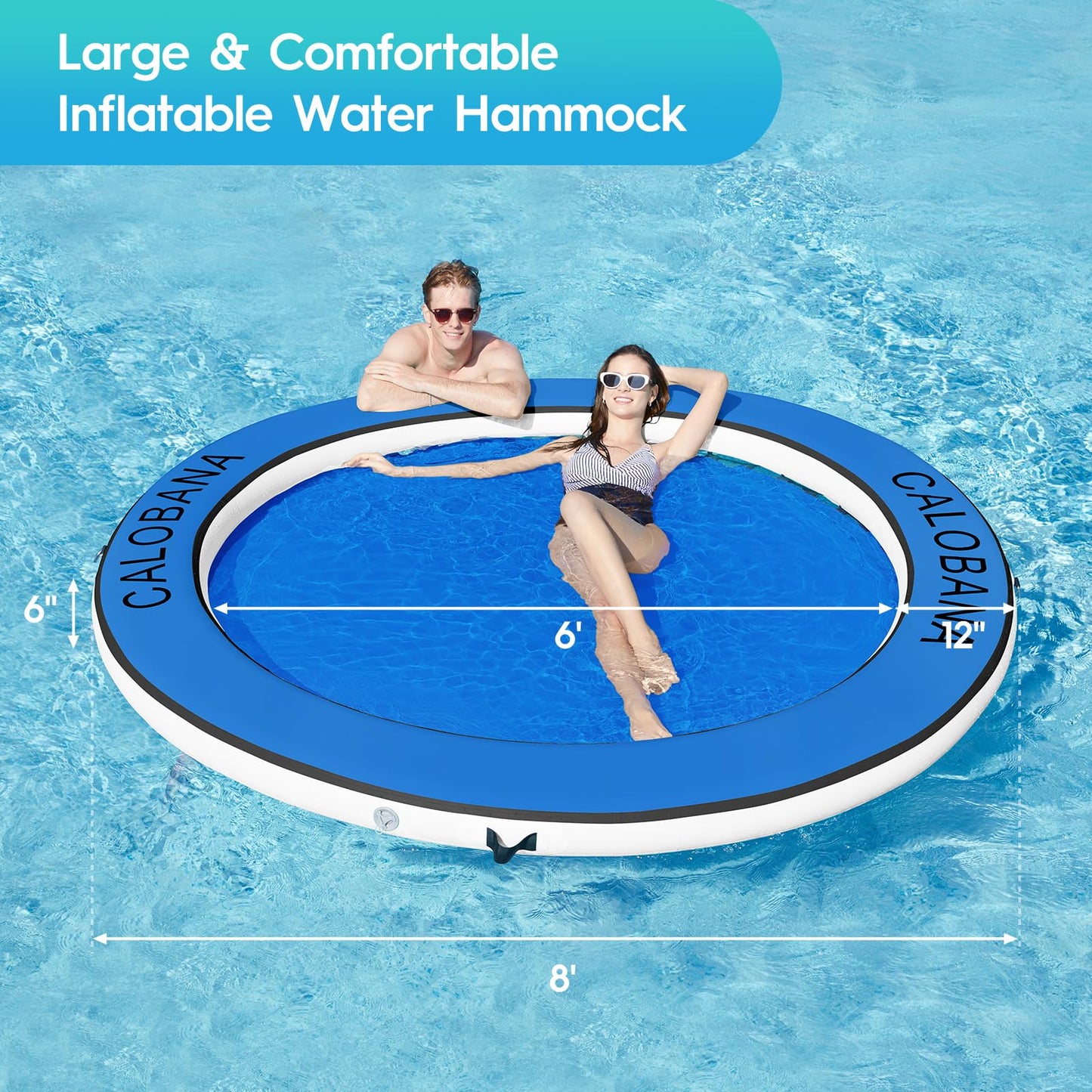 Calobana 8Ft Round Inflatable Water Hammock, Heavy Duty Floating Ring Dock Island Platform River Floats For Adults Party Tanning