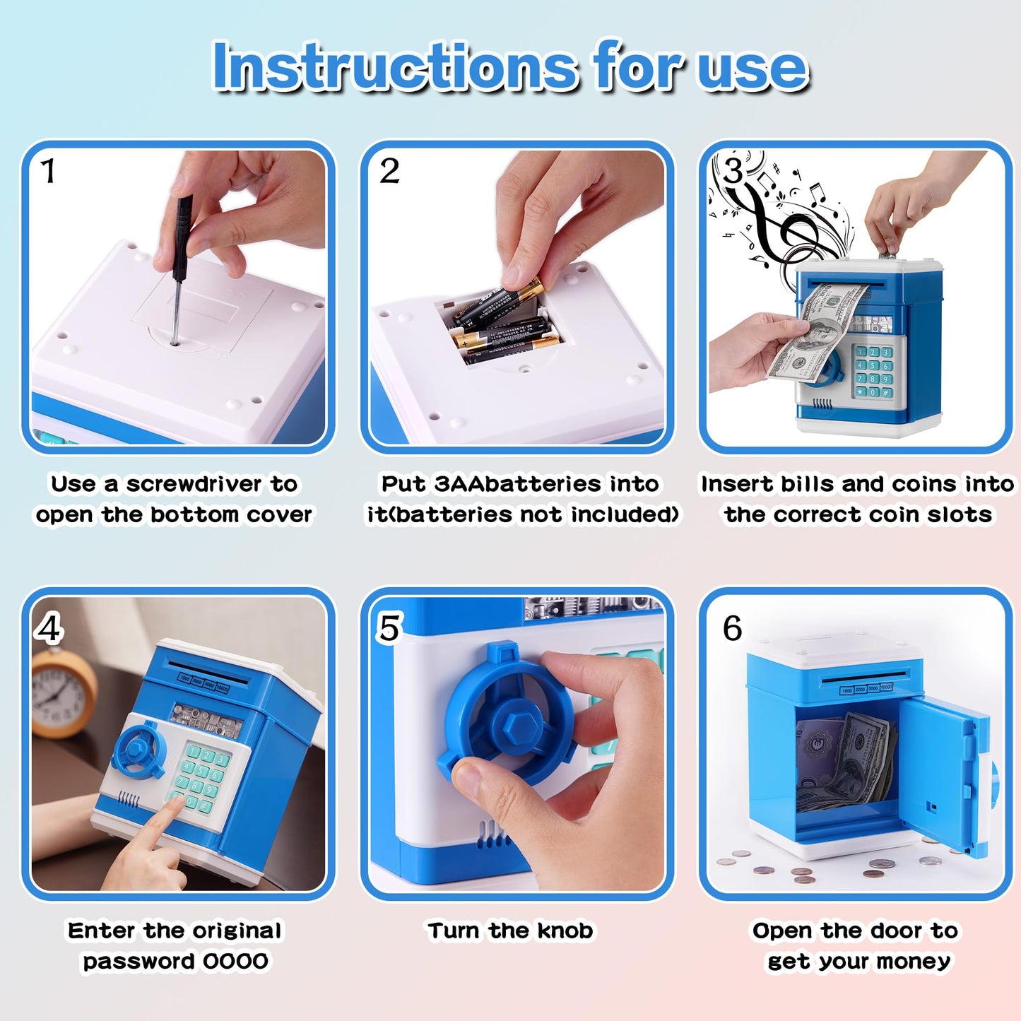EVTHSU Blue Electronic ATM Safe Piggy Bank for Kids - Real Money Savings Coin Bank with Code Lock & Password, Gift Money Box for