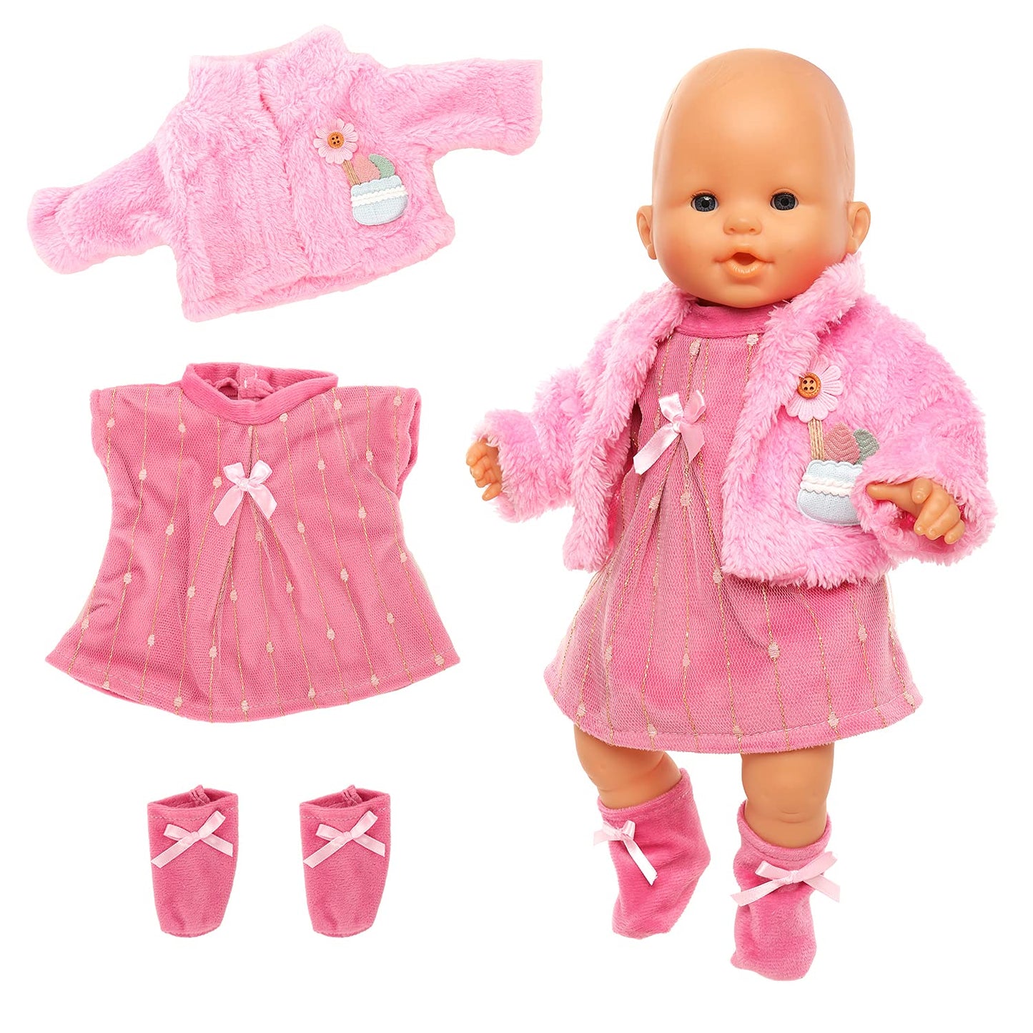 Baby Doll Clothes Casual Cute Pink Suit With Dress Coat Socks Suitable For 14-16 Inch Dolls 3-Piece Set