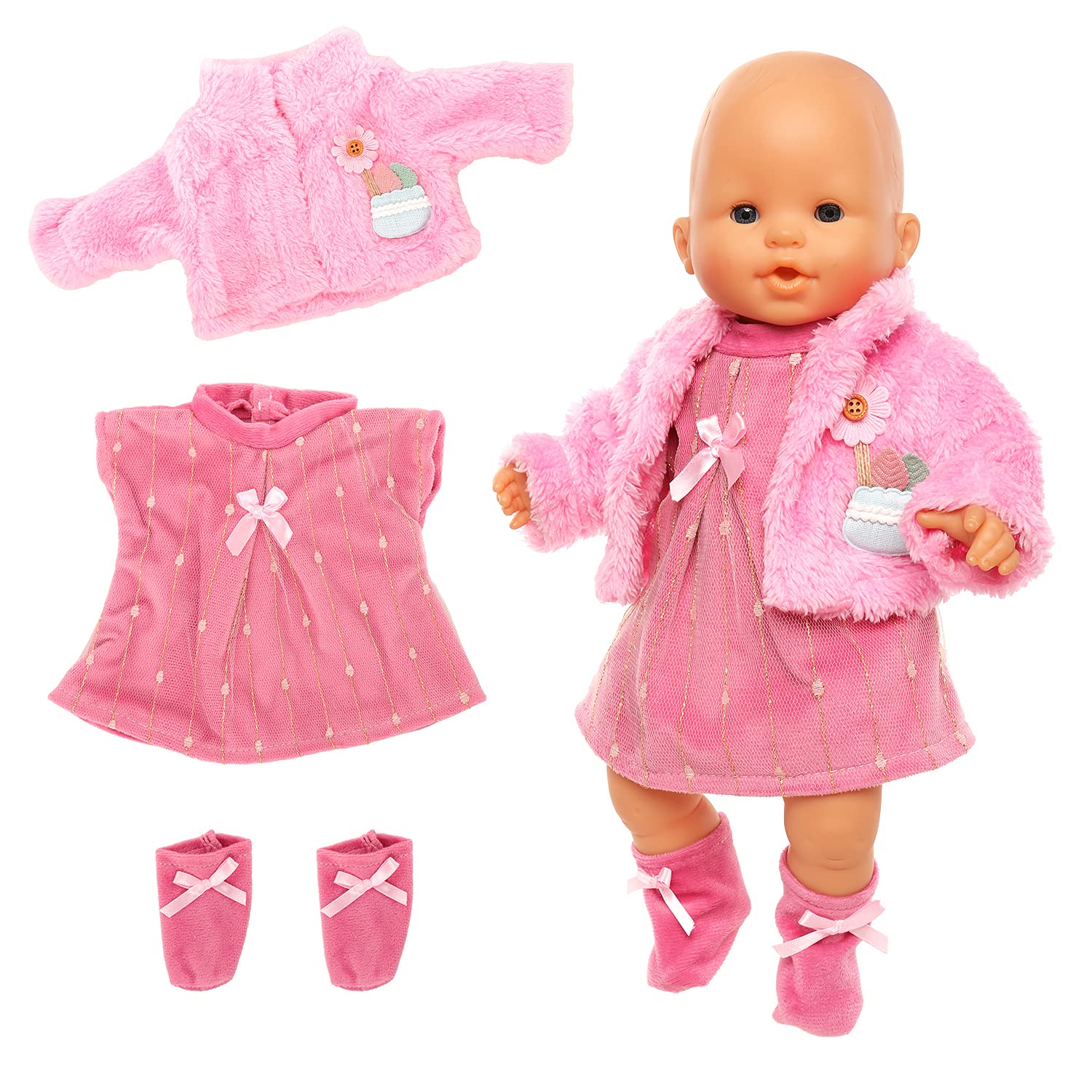 Baby Doll Clothes Casual Cute Pink Suit With Dress Coat Socks Suitable For 14-16 Inch Dolls 3-Piece Set