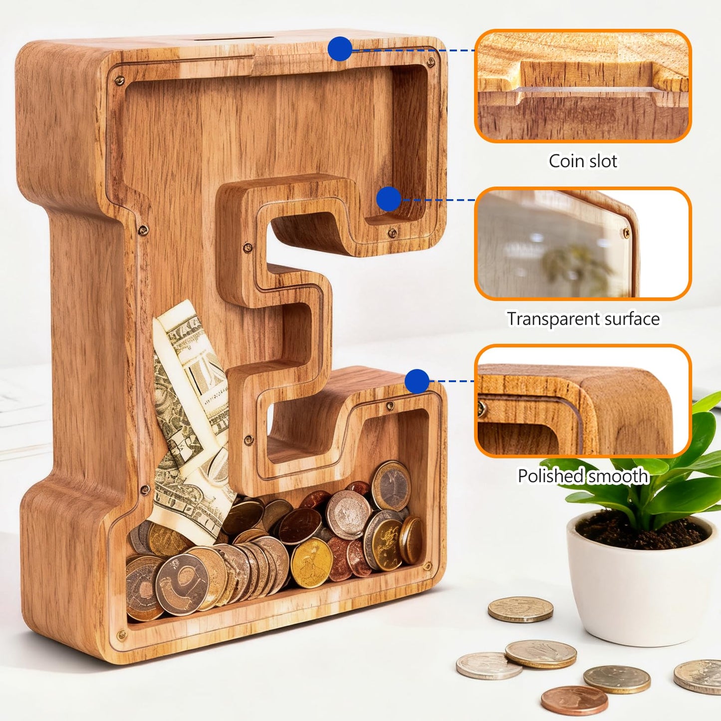 Wooden Letter Piggy Bank for Kids  Initial Coin Bank for Boys and Girls  First Name Personalized Savings Bank for Birthday Boys Girls Gift Piggy Bank for Kids (Wood  S9-B)