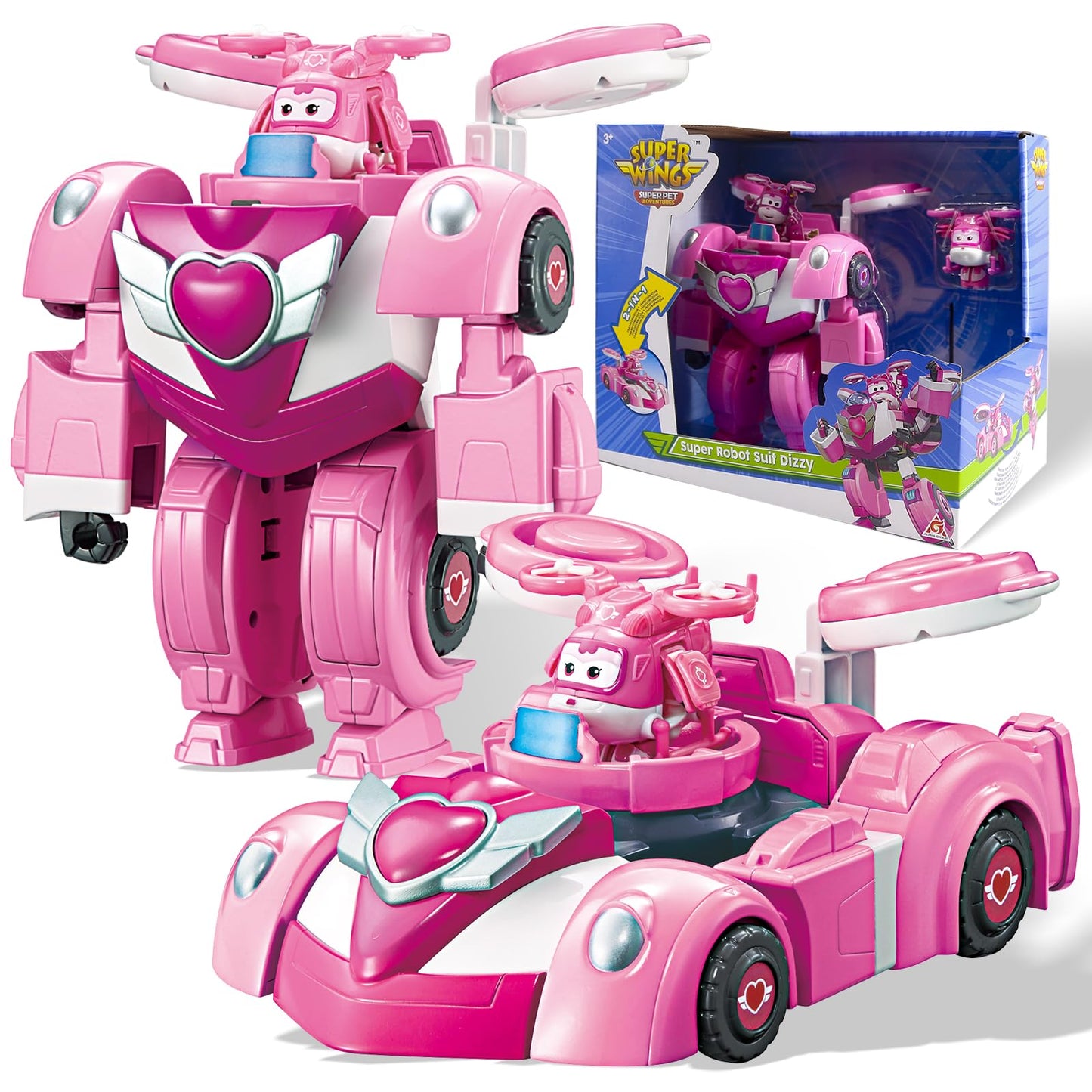 Super Wings Transformer Toys - 7" Robot & 2" Mini Dizzy, 2-in-1 Racing Car-Action Figure, Pink, Model EU770354 for Ages 3+