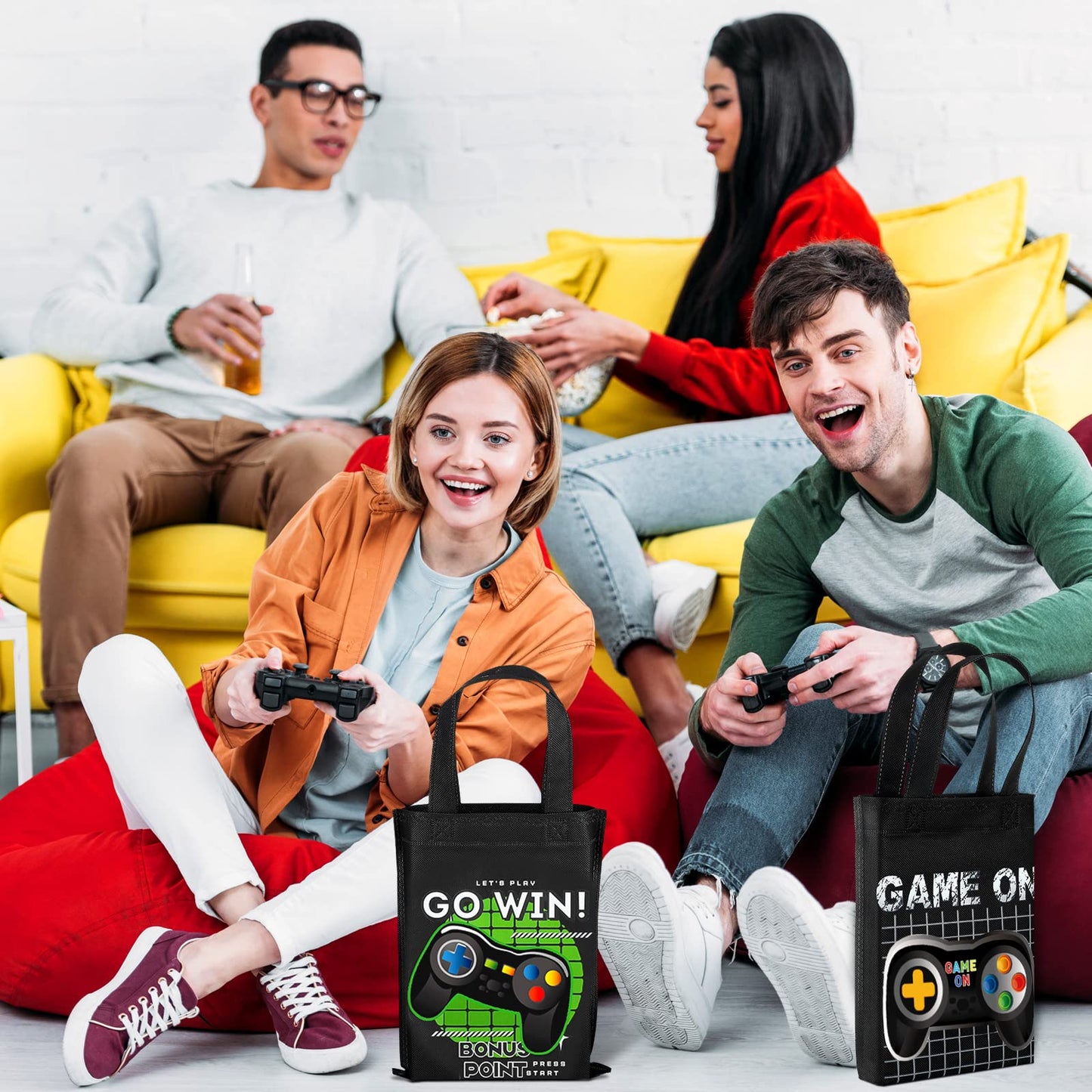 Ferraycle 24 Pack Video Game Themed Gift Bags Video Game Party Favors Non Woven Reusable Goody Treat Bags With Handles (Black An