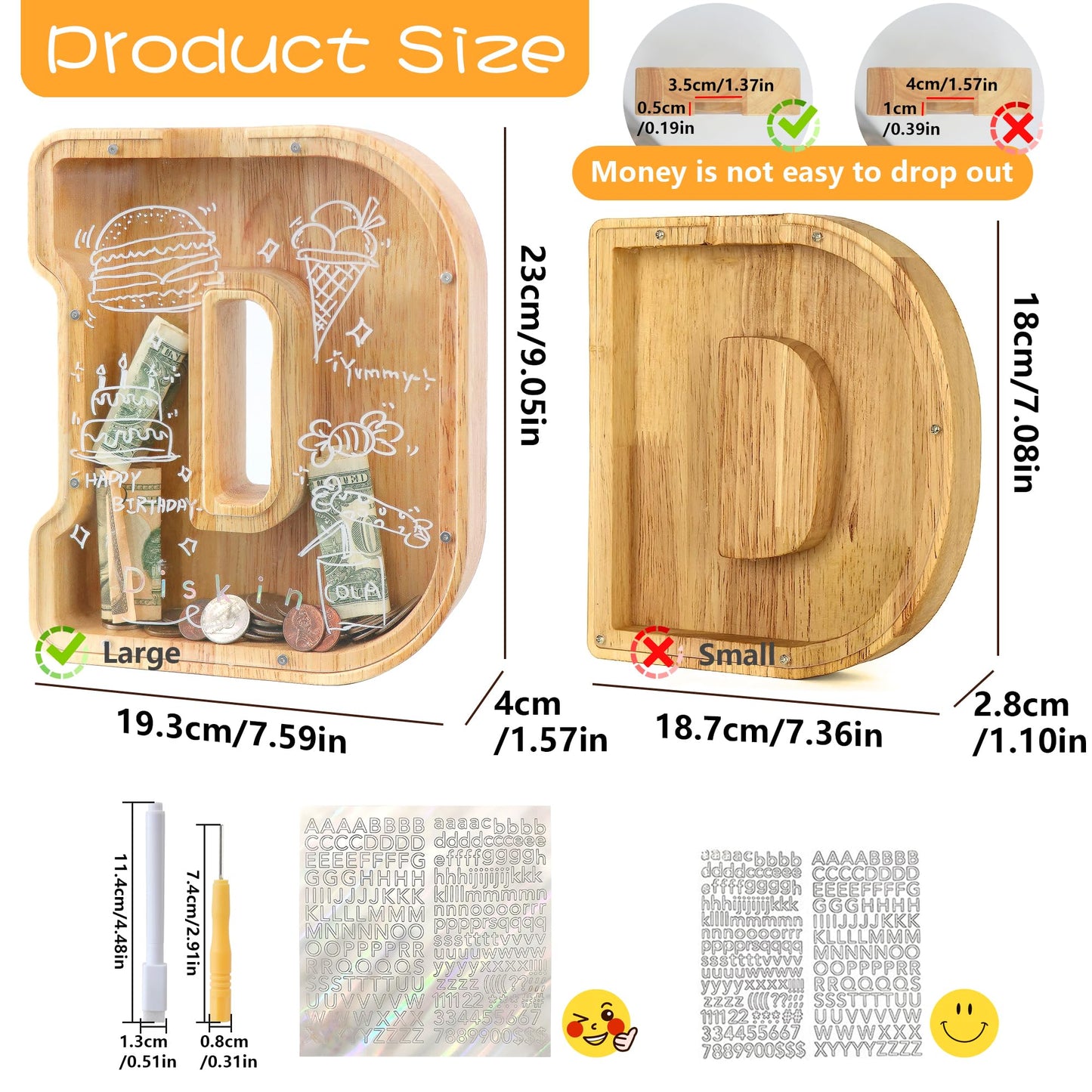weallbuy Large Letter Piggy Bank for Kids Boys Girls Wooden Personalized Piggy Banks A-Z with Target Area Clear Alphabet Banknote Coin Banks for Gift Decoration Baptism (D)