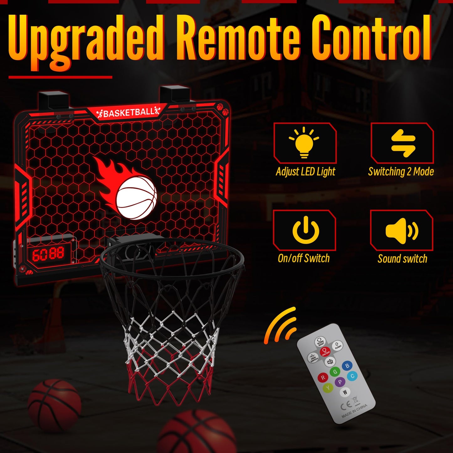 Zizz Indoor Basketball Hoop For Kids: Basketball Gifts For Boys 4-10 Led Light & Scoreboard Over The Door Basketball Hoop Birthd