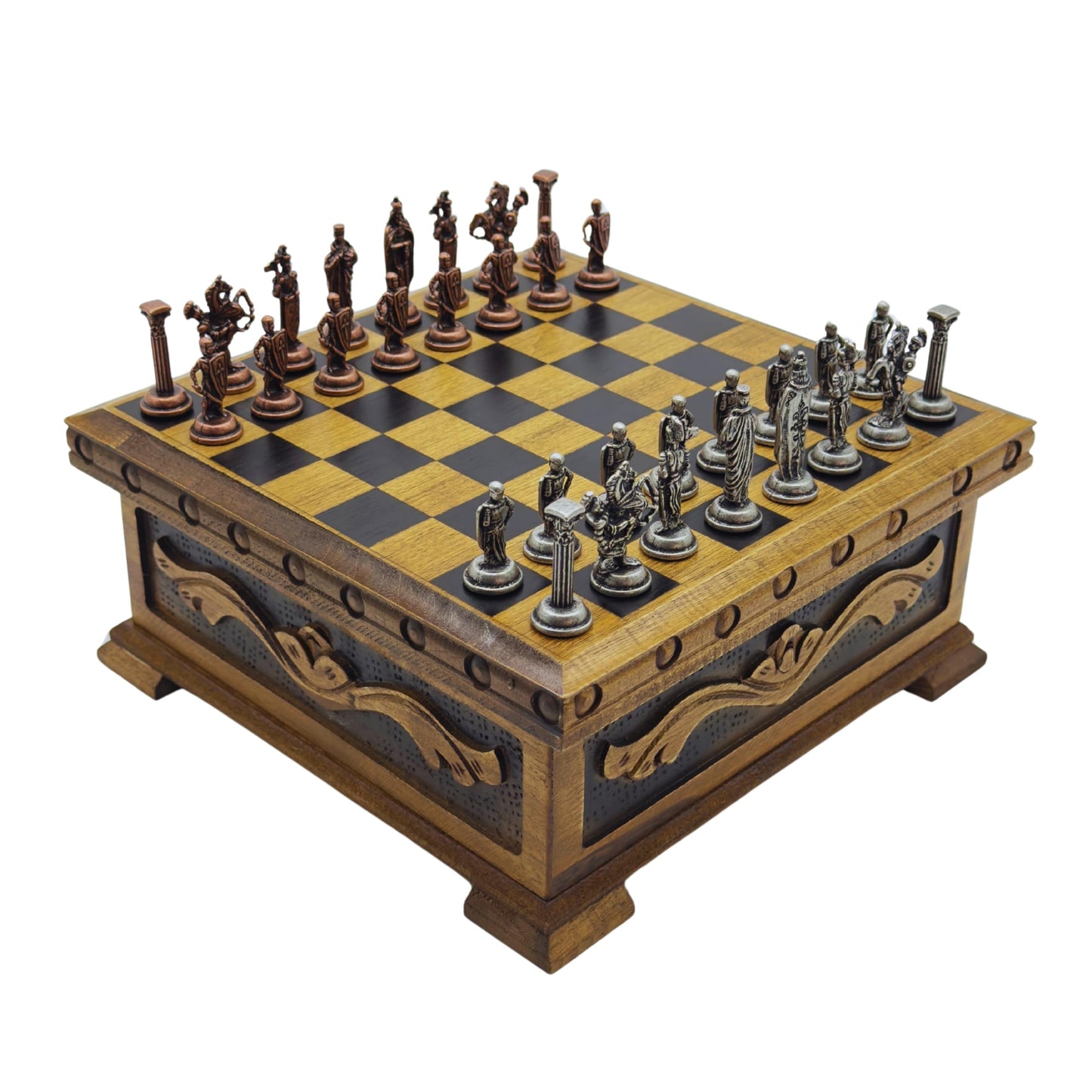 Wooden Chess Set with Storage - Handcrafted Chess Board and British Figure Metal Chess Pieces - Decorative Chess Game for mature-themeds & Kids - enhanced Gift for Family & Friends (Copper Chess Pieces)