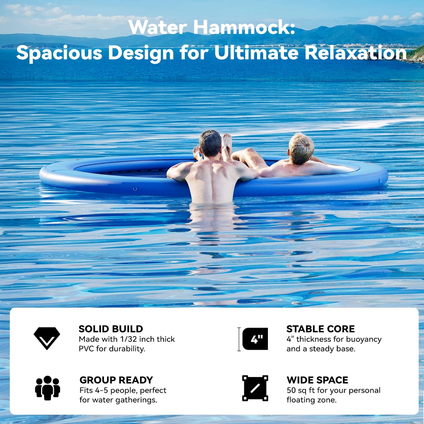 Danrelax 8' Round Inflatable Floating Dock, Sunchill Float Ring, Hammock Tanning Pool With 4In Woven Fabric, Manual Pump For 1-2